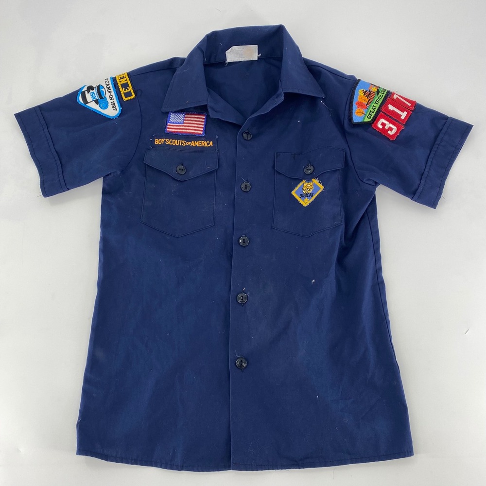 Vintage Boy Scouts of America Shirt Navy Blue Patches Size 14 1987 Bobcat 311